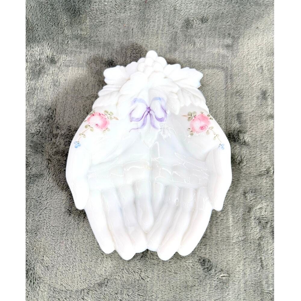 Vintage Porcelain Cupped Hands Trinket Dish Pink Roses Butterfly Floral Cottagec